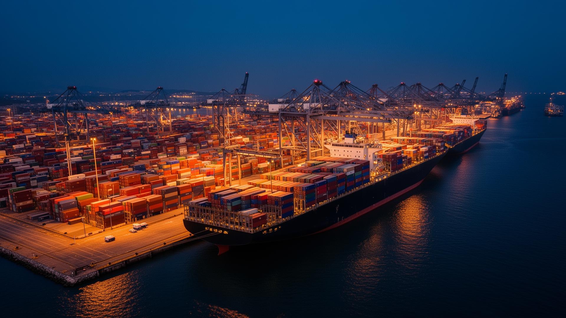 Porto internacional com navios de carga e containers